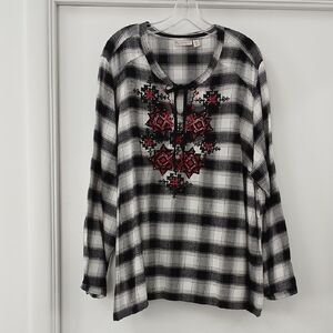 Black and White Checkered Flannel Blouse with Embroidery